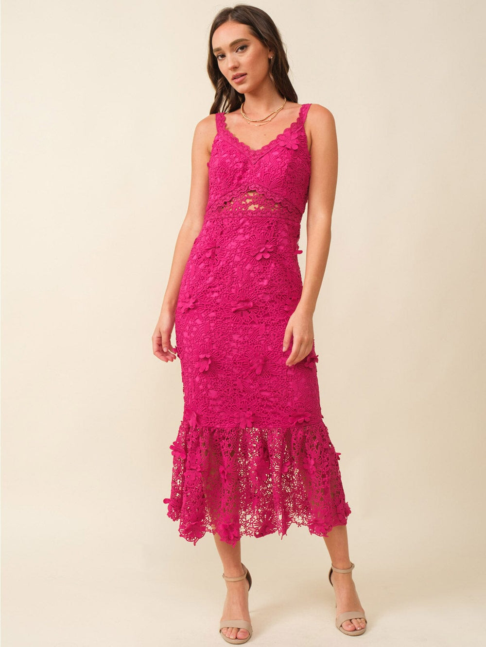 JUST ME WOMEN'S SLEEVELESS V-NECK FLORAL CROCHET BODYCON MAXI DRESS
