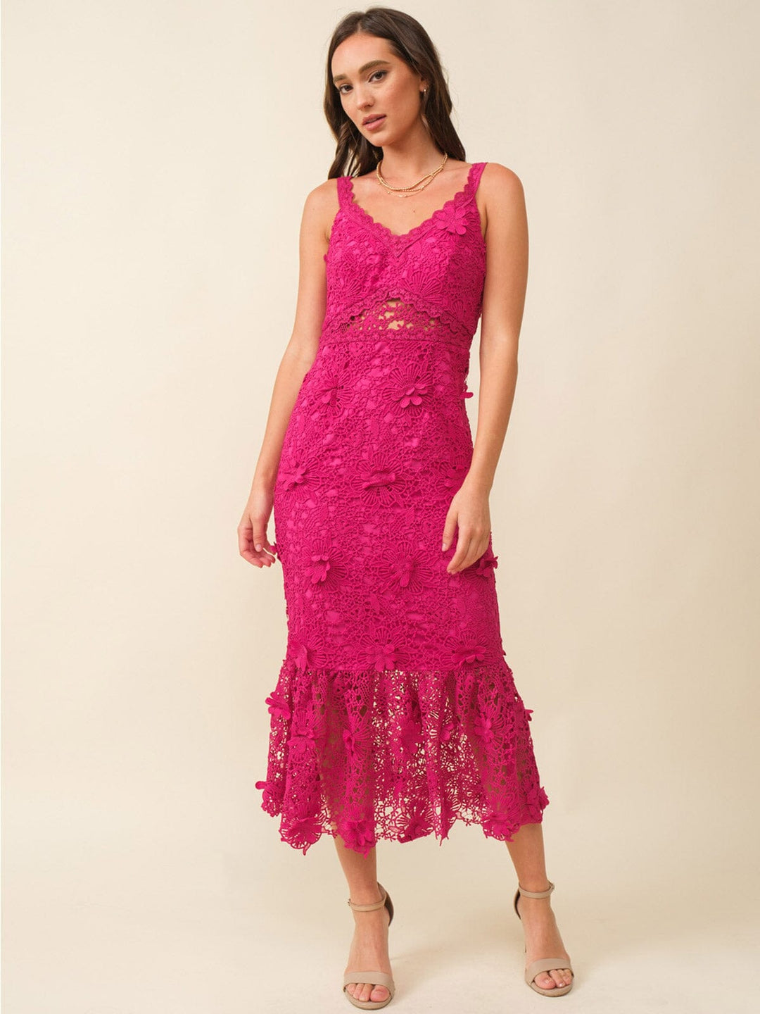 JUST ME WOMEN'S SLEEVELESS V-NECK FLORAL CROCHET BODYCON MAXI DRESS