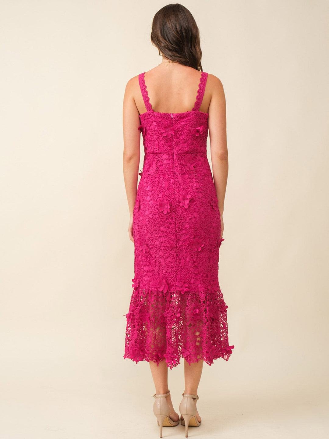 JUST ME WOMEN'S SLEEVELESS V-NECK FLORAL CROCHET BODYCON MAXI DRESS