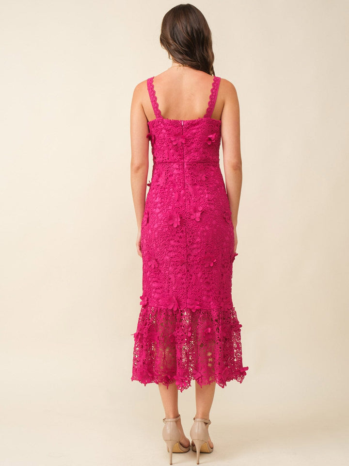 JUST ME WOMEN'S SLEEVELESS V-NECK FLORAL CROCHET BODYCON MAXI DRESS