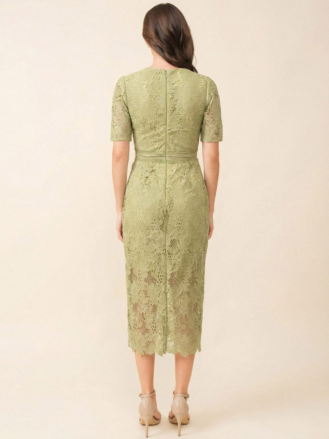 JUST ME WOMEN'S SHORT SLEEVE SQUARE NECK SURPLICE CROCHET MIDI DRESS