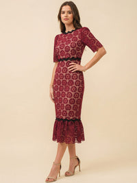 JUST ME WOMEN'S SHORT SLEEVE OPEN BACK CROCHET BODYCON MAXI DRESS