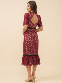 JUST ME WOMEN'S SHORT SLEEVE OPEN BACK CROCHET BODYCON MAXI DRESS