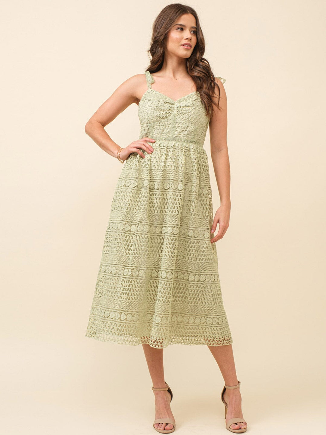 JUST ME WOMEN'S SLEEVELESS V-NECK FRONT POCKETS CROCHET MAXI DRESS