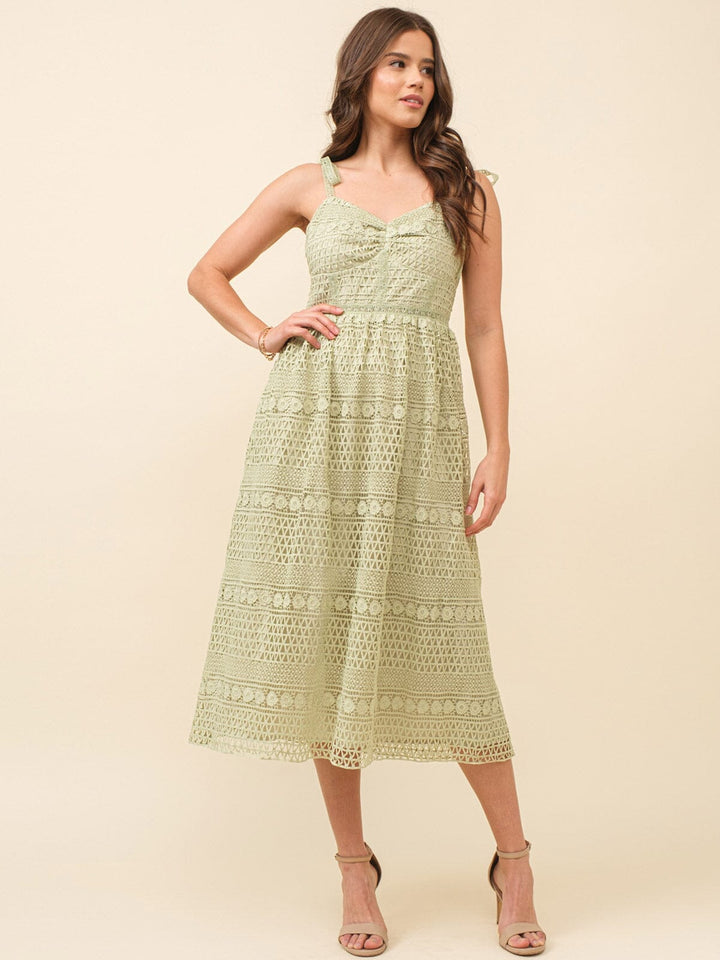 JUST ME WOMEN'S SLEEVELESS V-NECK FRONT POCKETS CROCHET MAXI DRESS