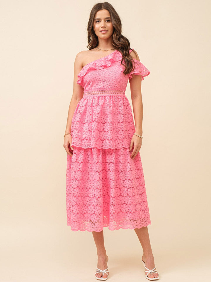JUST ME WOMEN'S ONE SHOULDER RUFFLE FLORAL CROCHET TIERED MAXI DRESS
