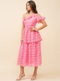 JUST ME WOMEN'S ONE SHOULDER RUFFLE FLORAL CROCHET TIERED MAXI DRESS
