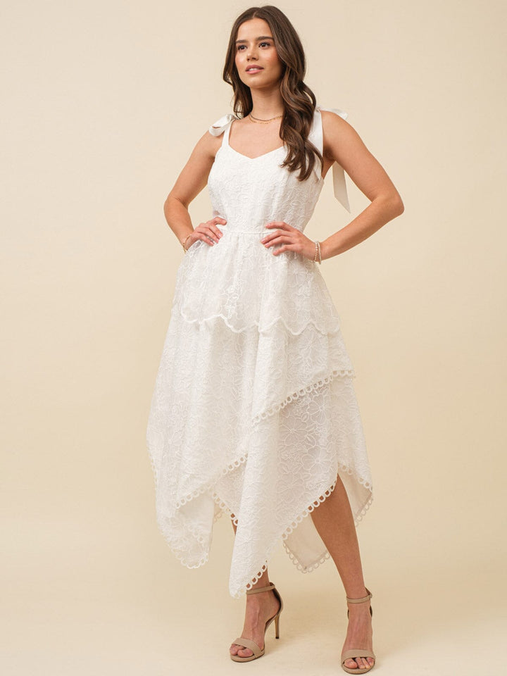 JUST ME WOMEN'S SLEEVELESS V-NECK TRIM DETAILED TIERED EMBROIDERY MAXI DRESS
