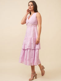 JUST ME WOMEN'S SLEEVELESS V-NECK RUFFLE TIERED LACE EMBROIDERY MAXI DRESS