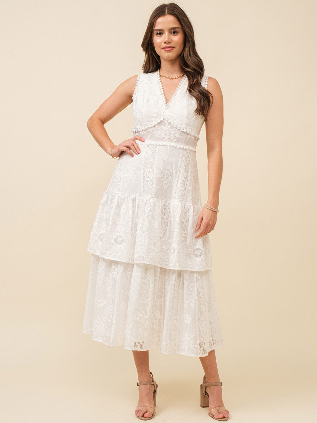 JUST ME WOMEN'S SLEEVELESS V-NECK RUFFLE TIERED LACE EMBROIDERY MAXI DRESS