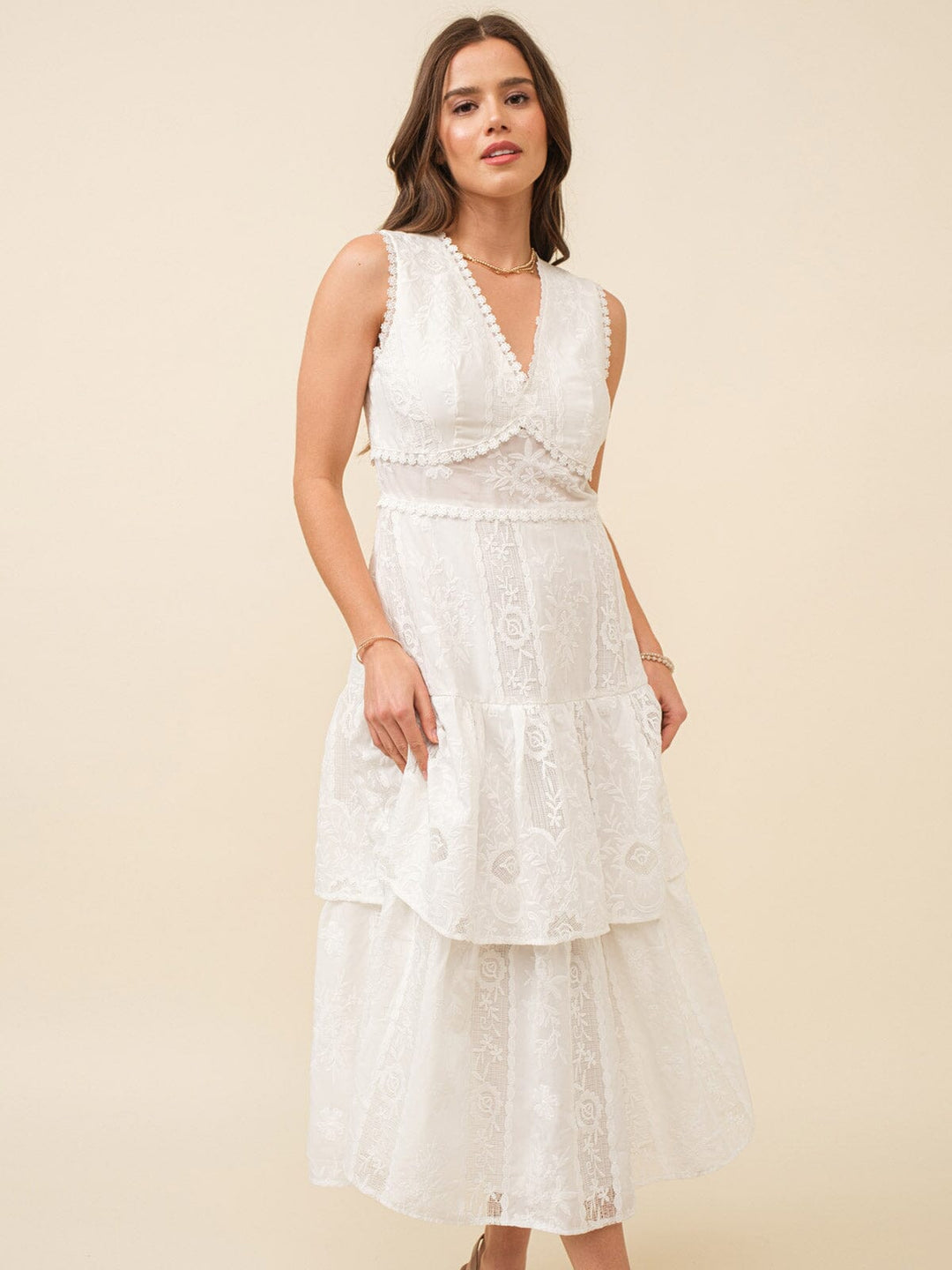 JUST ME WOMEN'S SLEEVELESS V-NECK RUFFLE TIERED LACE EMBROIDERY MAXI DRESS