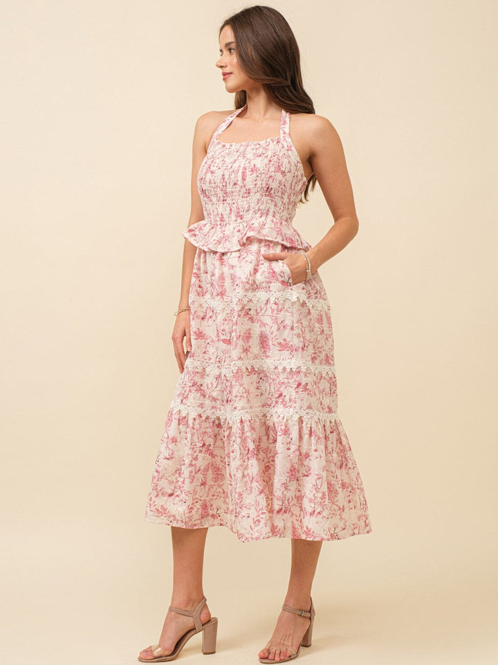 JUST ME WOMEN'S SLEEVELESS HALTER NECK OPEN BACK FLORAL CROCHET TIERED MAXI DRESS