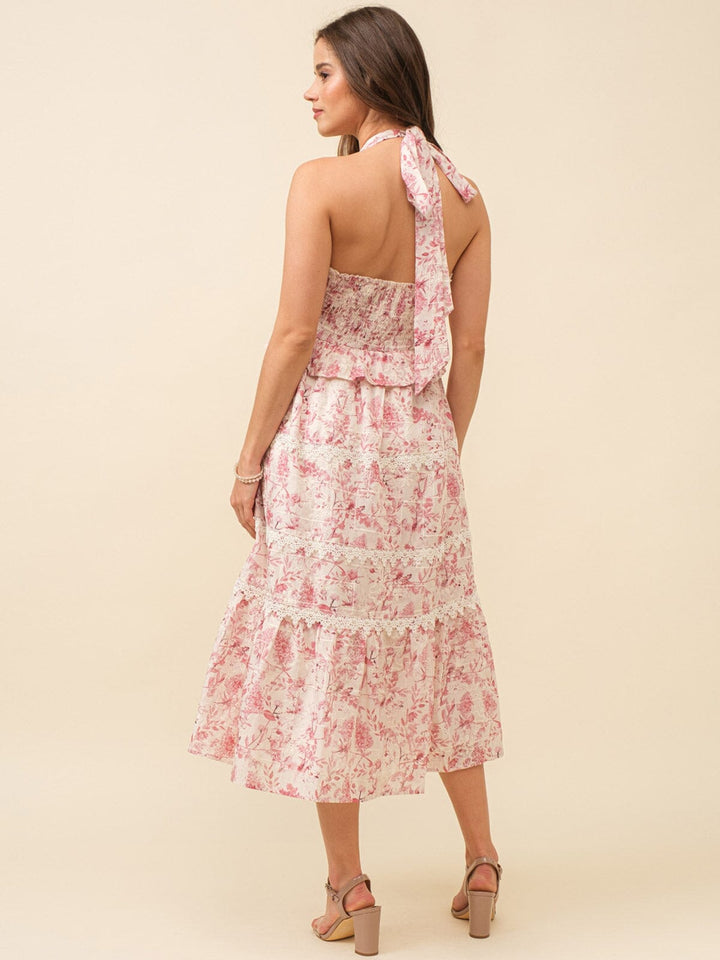 JUST ME WOMEN'S SLEEVELESS HALTER NECK OPEN BACK FLORAL CROCHET TIERED MAXI DRESS