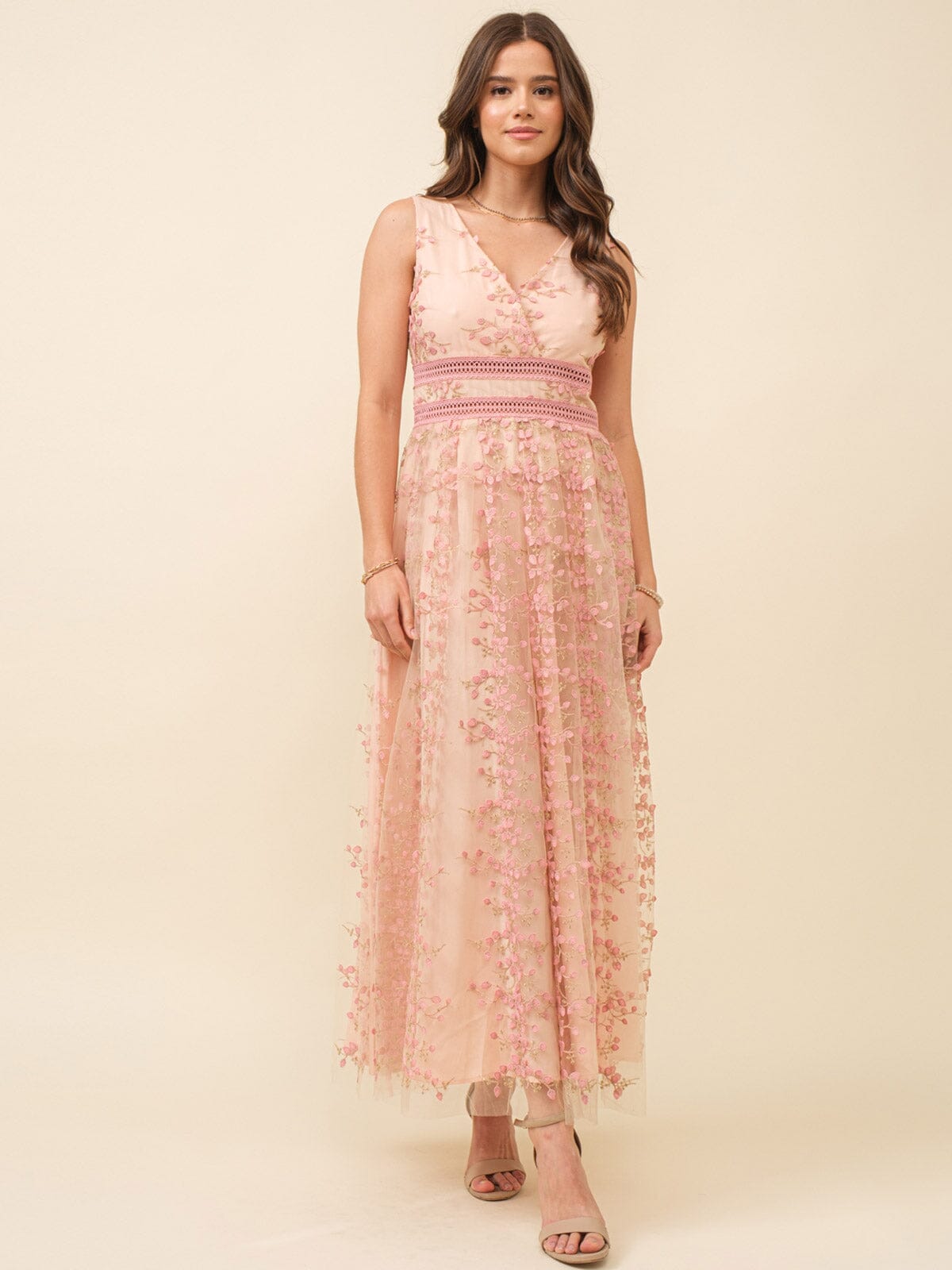 JUST ME WOMEN'S SLEEVELESS SURPLICE FLORAL CROCHET MAXI DRESS