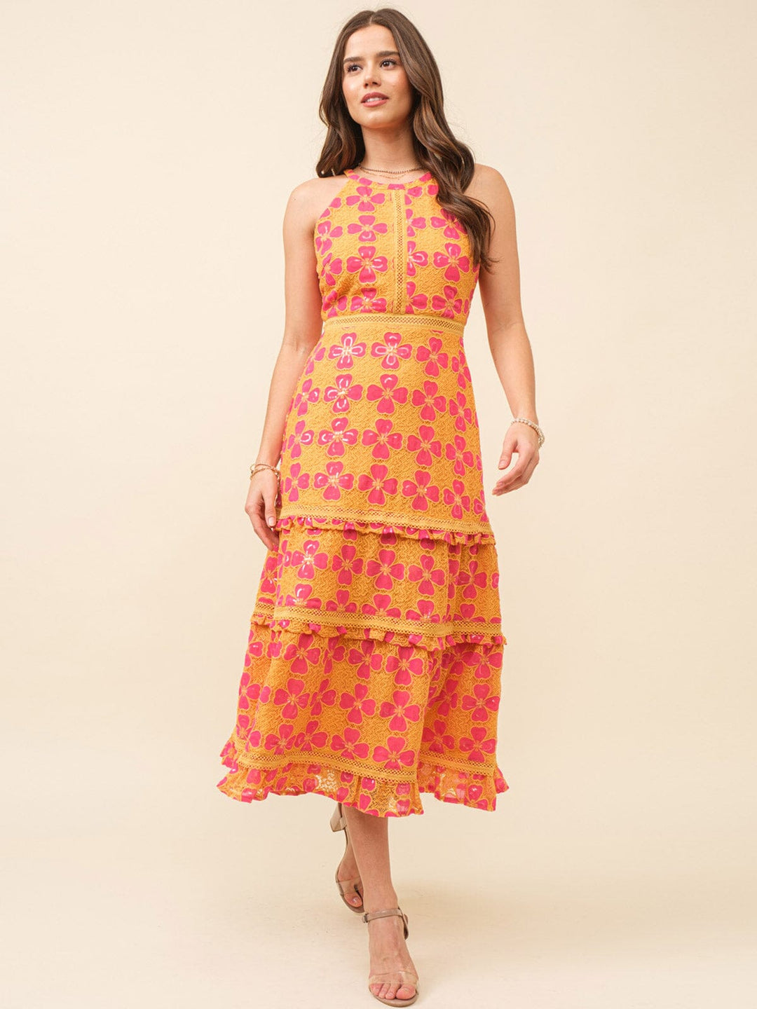 JUST ME WOMEN'S SLEEVELESS TIERED SEQUINS CROCHET FLORAL MAXI DRESS