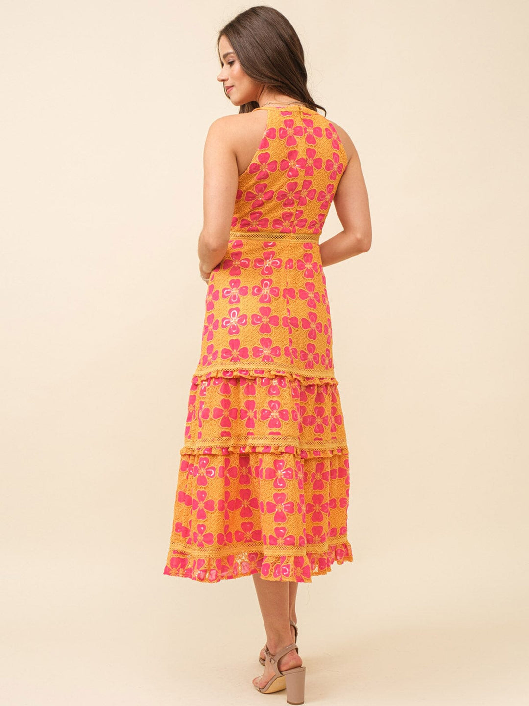 JUST ME WOMEN'S SLEEVELESS TIERED SEQUINS CROCHET FLORAL MAXI DRESS