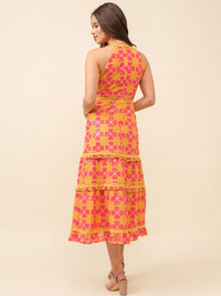 JUST ME WOMEN'S SLEEVELESS TIERED SEQUINS CROCHET FLORAL MAXI DRESS