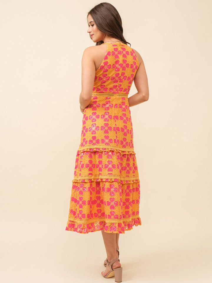 JUST ME WOMEN'S SLEEVELESS TIERED SEQUINS CROCHET FLORAL MAXI DRESS