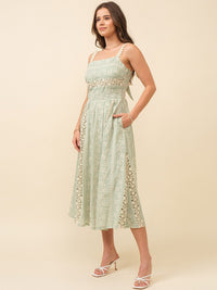 JUST ME WOMEN'S SLEEVELESS SQUARE NECK OPEN BACK POCKETS FLORAL CROCHET MAXI DRESS