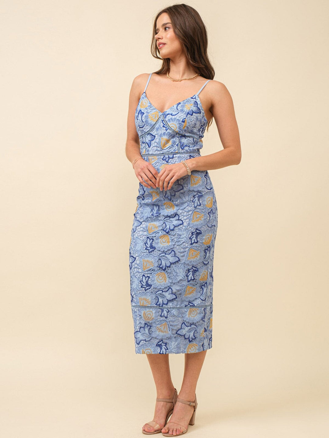 JUST ME WOMEN'S SLEEVELESS V-NECK BODYCON CROCHET MIDI DRESS