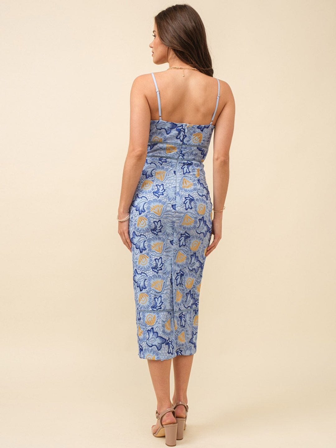 JUST ME WOMEN'S SLEEVELESS V-NECK BODYCON CROCHET MIDI DRESS