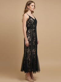 JUST ME WOMEN'S SLEEVELESS V-NECK LACE CROCHET MAXI DRESS