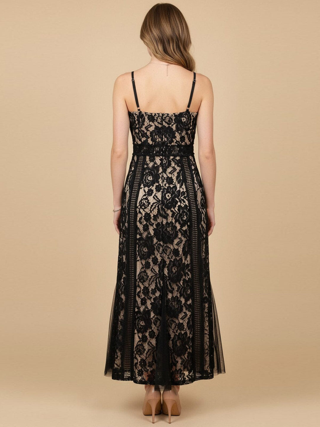 JUST ME WOMEN'S SLEEVELESS V-NECK LACE CROCHET MAXI DRESS