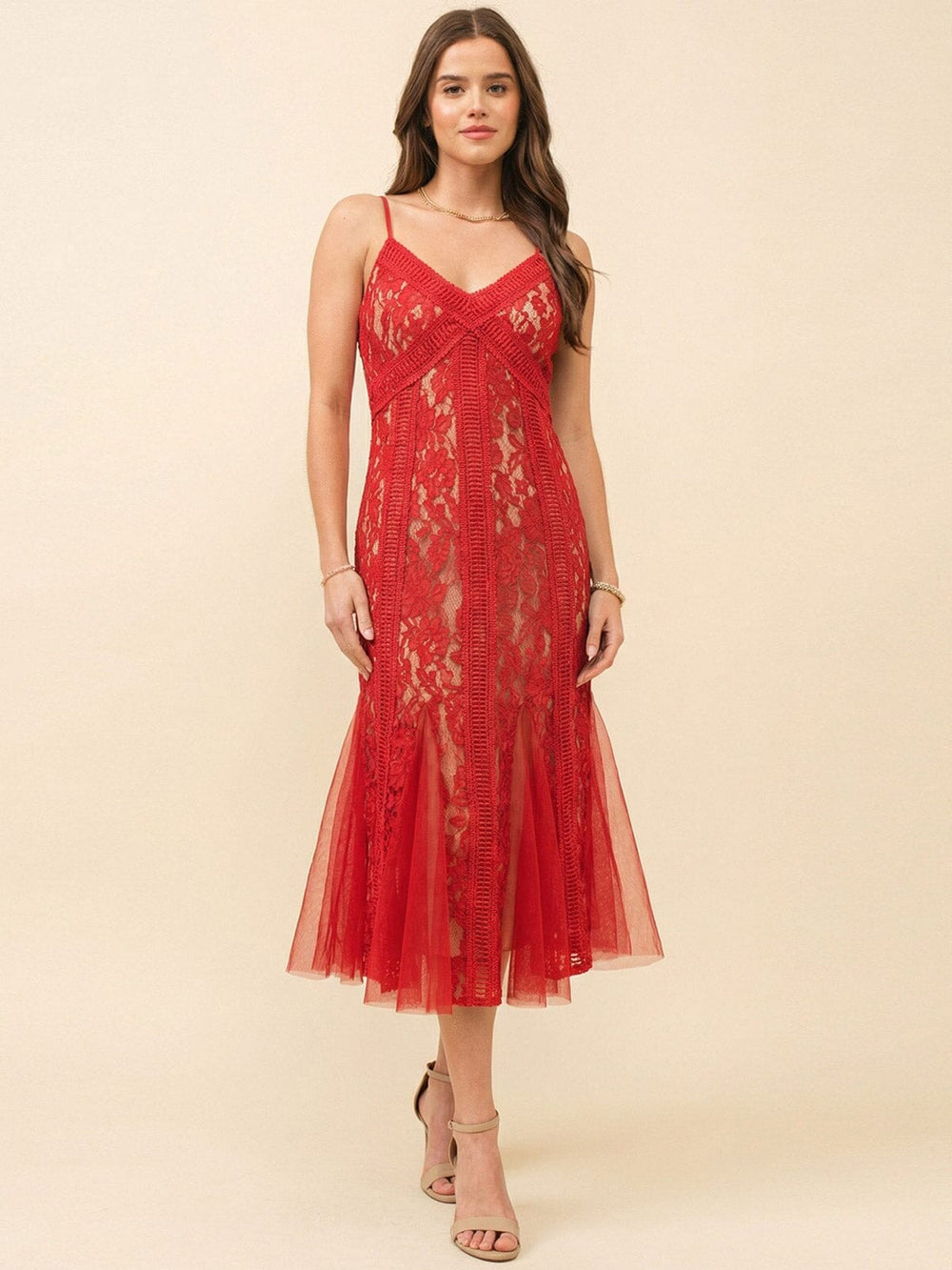 JUST ME WOMEN'S SLEEVELESS V-NECK CROCHET BODYCON MAXI DRESS