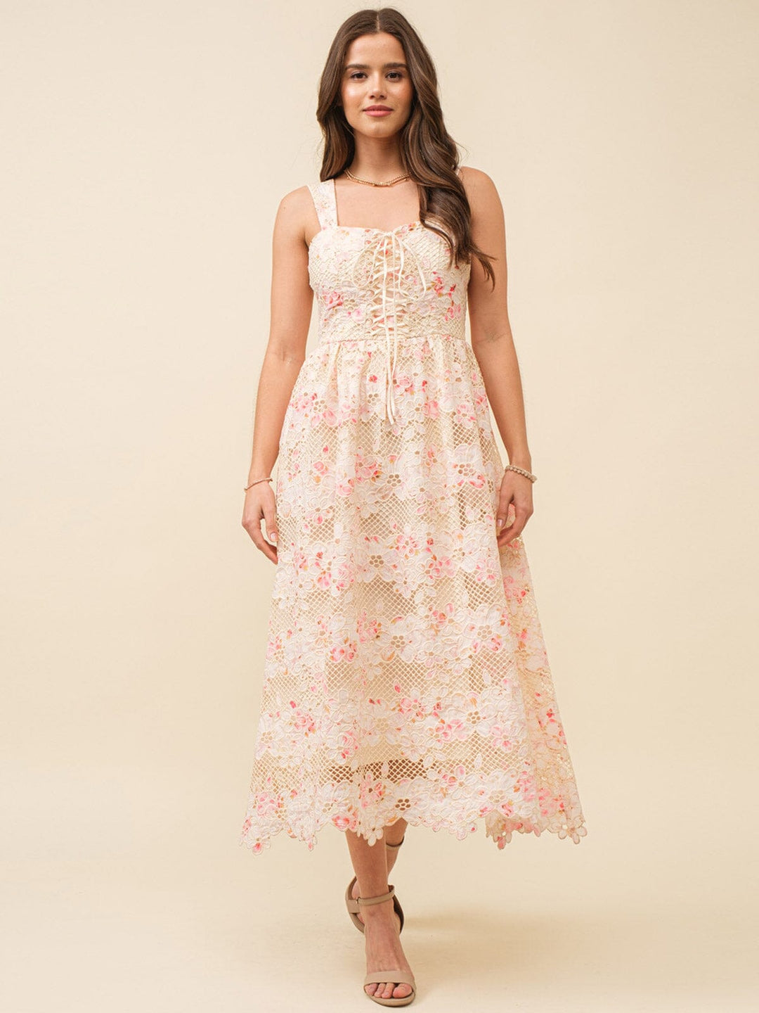 JUST ME WOMEN'S SLEEVELESS LACE UP FRONT CROCHET FLORAL MAXI DRESS