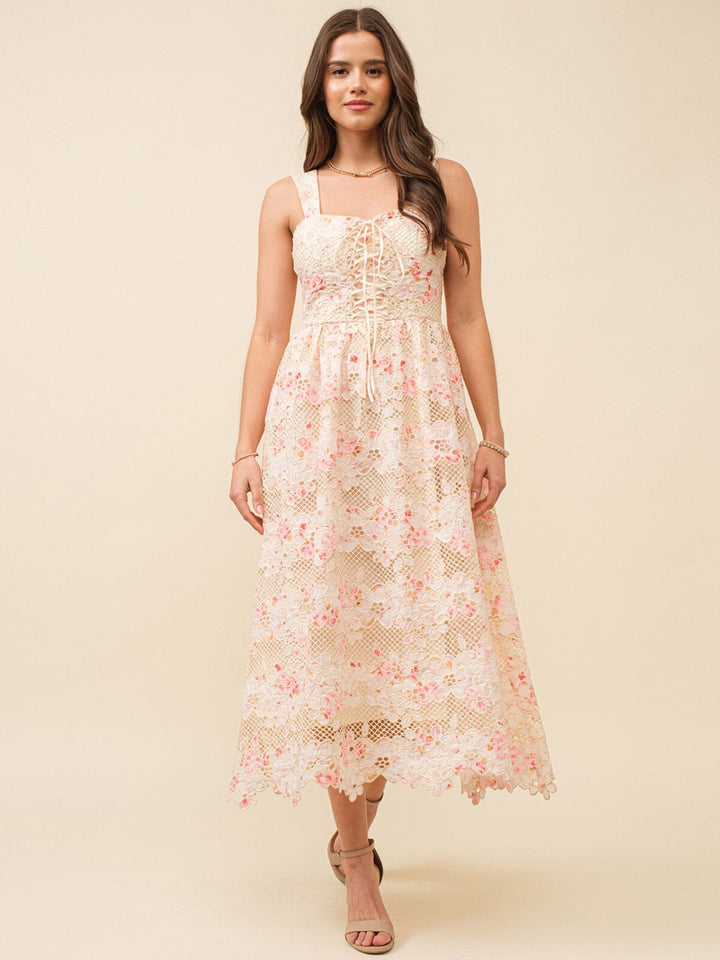 JUST ME WOMEN'S SLEEVELESS LACE UP FRONT CROCHET FLORAL MAXI DRESS