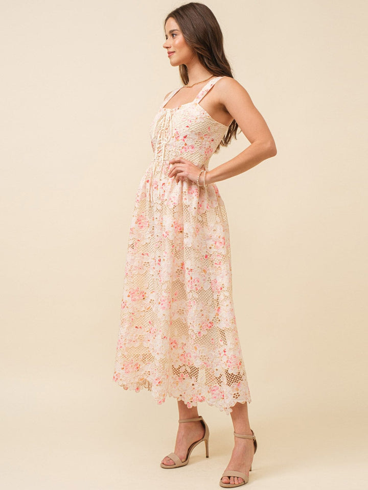 JUST ME WOMEN'S SLEEVELESS LACE UP FRONT CROCHET FLORAL MAXI DRESS