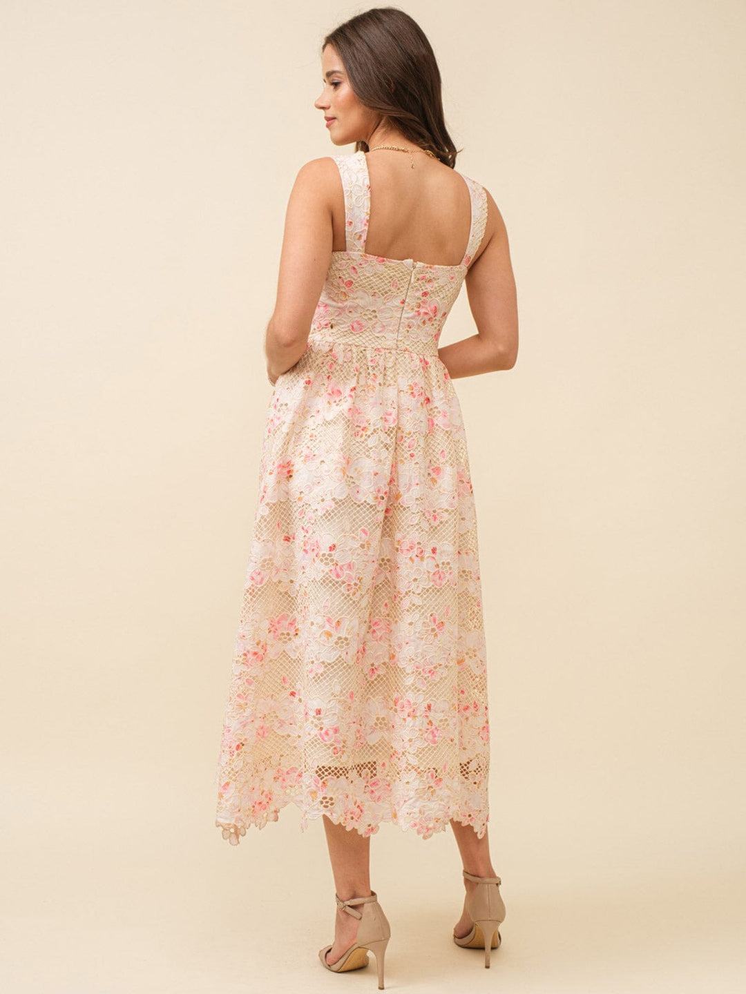JUST ME WOMEN'S SLEEVELESS LACE UP FRONT CROCHET FLORAL MAXI DRESS