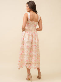 JUST ME WOMEN'S SLEEVELESS LACE UP FRONT CROCHET FLORAL MAXI DRESS