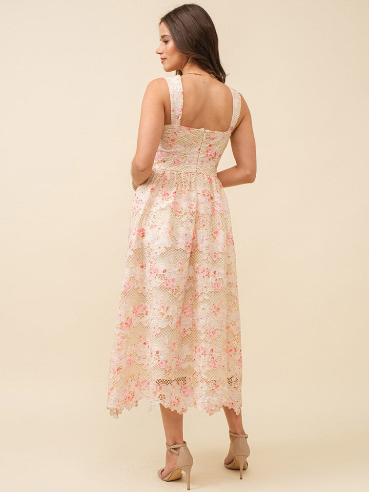 JUST ME WOMEN'S SLEEVELESS LACE UP FRONT CROCHET FLORAL MAXI DRESS