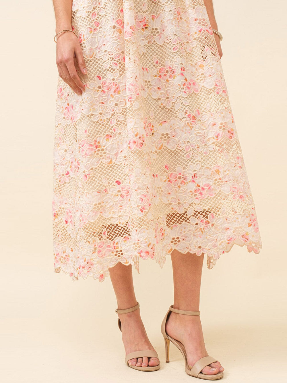 JUST ME WOMEN'S SLEEVELESS LACE UP FRONT CROCHET FLORAL MAXI DRESS