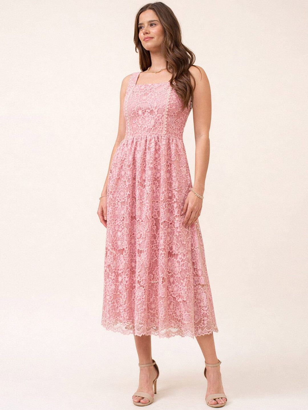 JUST ME WOMEN'S SLEEVELESS SQUARE NECK POCKETS FLORAL EMBROIDERY LACE MAXI DRESS