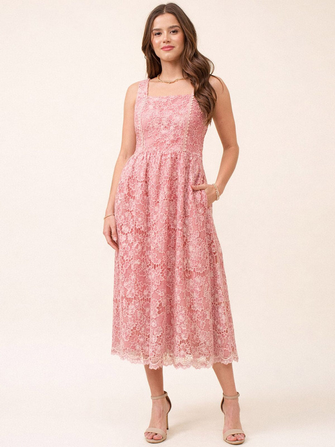 JUST ME WOMEN'S SLEEVELESS SQUARE NECK POCKETS FLORAL EMBROIDERY LACE MAXI DRESS