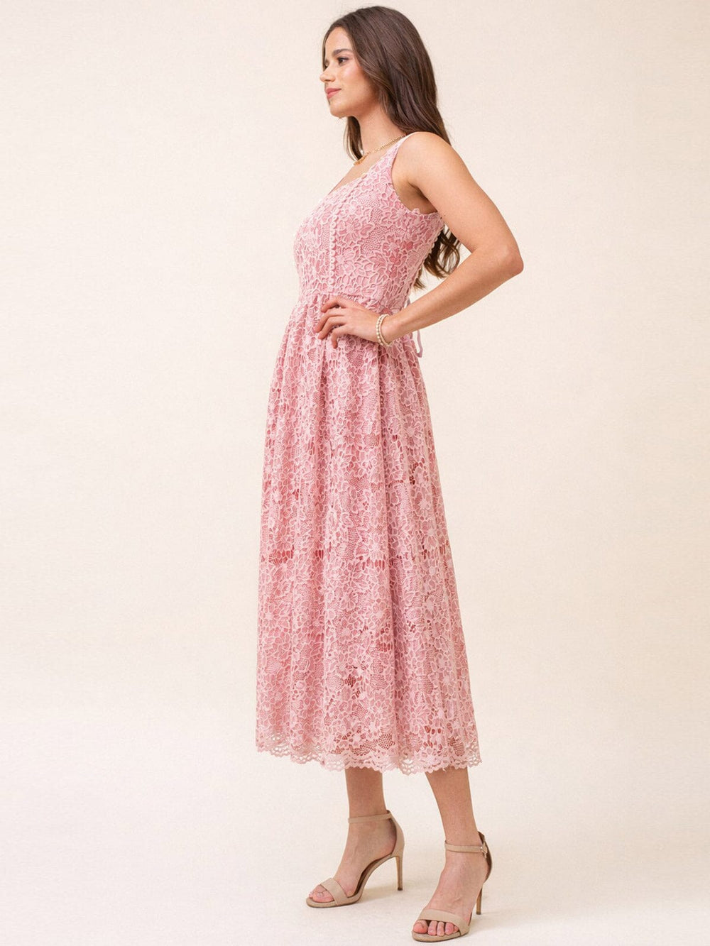 JUST ME WOMEN'S SLEEVELESS SQUARE NECK POCKETS FLORAL EMBROIDERY LACE MAXI DRESS