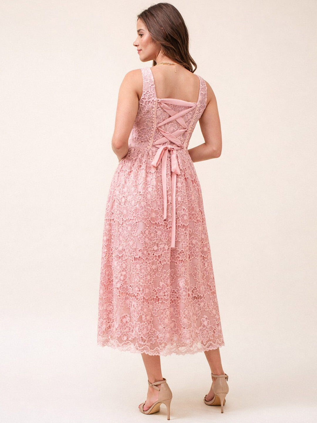 JUST ME WOMEN'S SLEEVELESS SQUARE NECK POCKETS FLORAL EMBROIDERY LACE MAXI DRESS