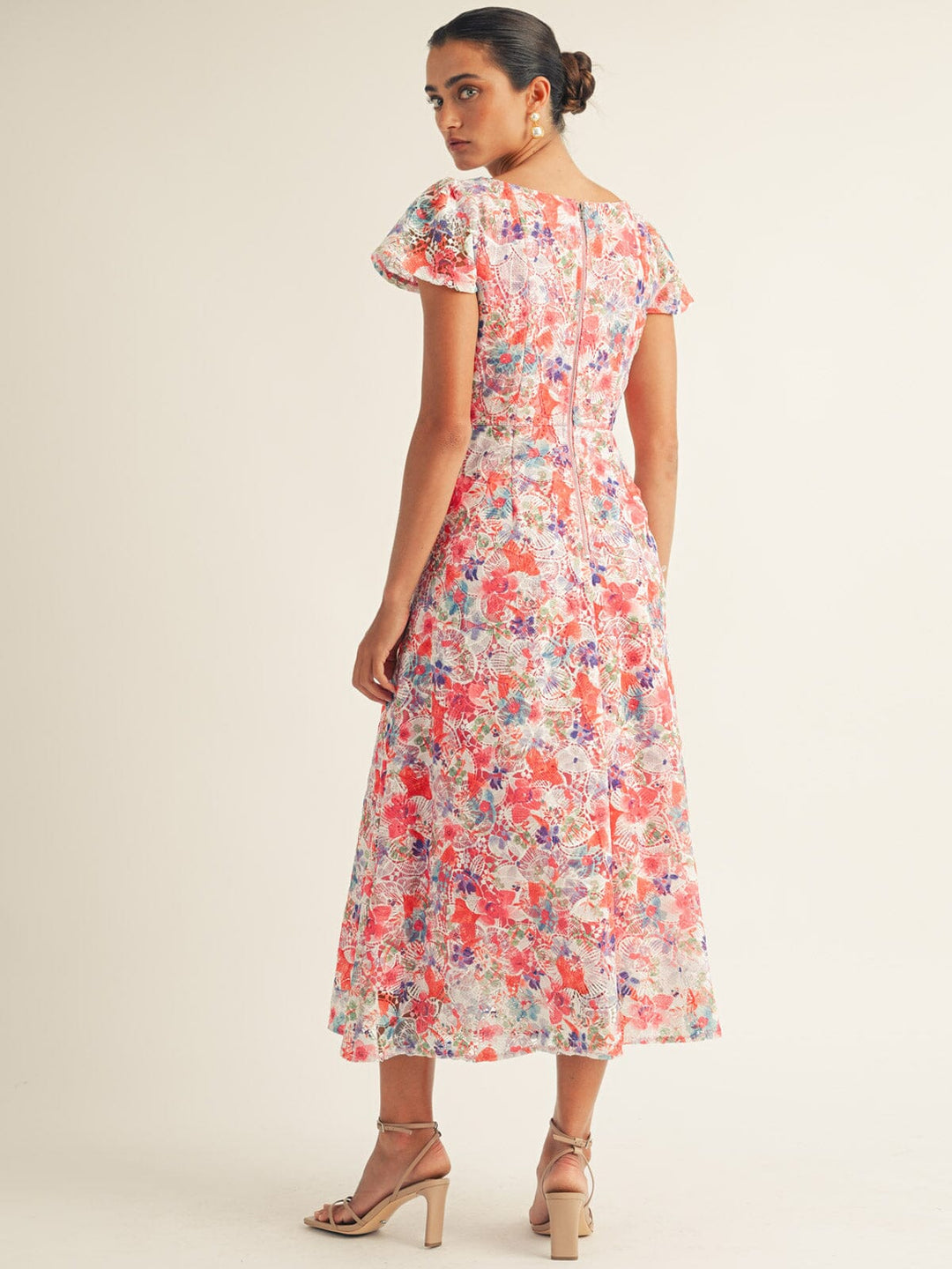 JUST ME WOMEN'S SHORT SLEEVE EYELET FLORAL MAXI DRESS
