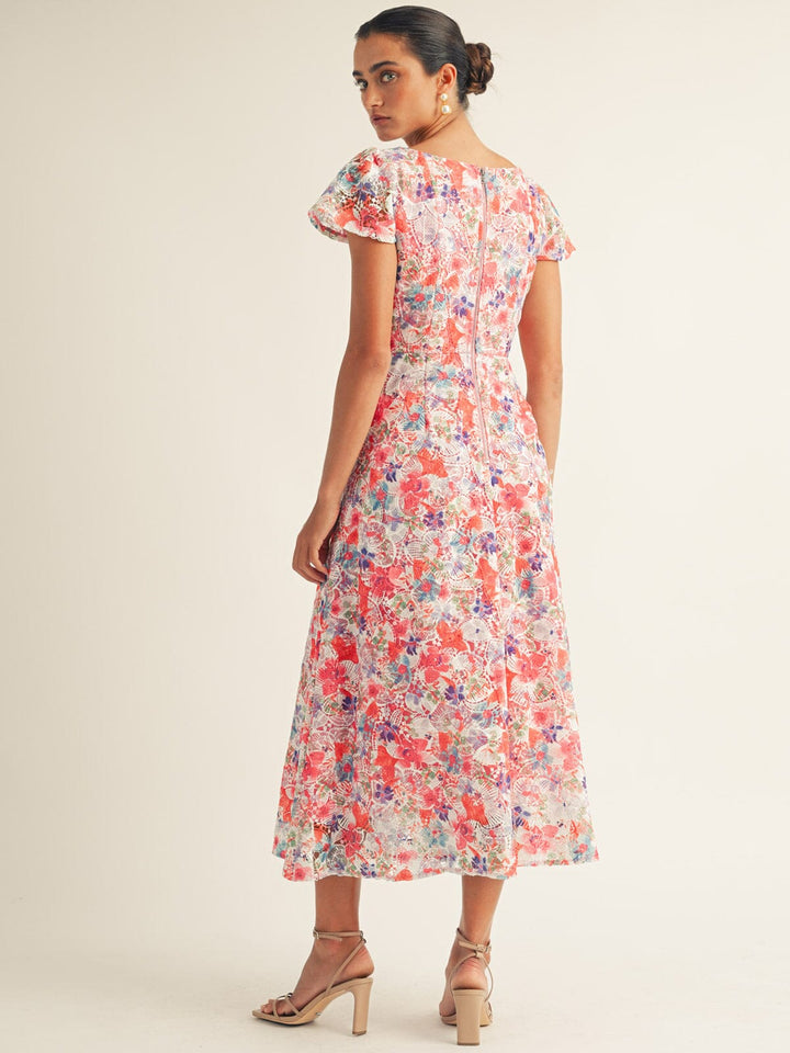 JUST ME WOMEN'S SHORT SLEEVE EYELET FLORAL MAXI DRESS