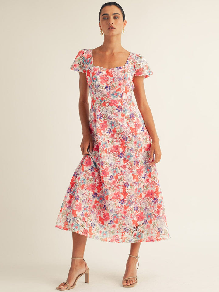 JUST ME WOMEN'S SHORT SLEEVE EYELET FLORAL MAXI DRESS