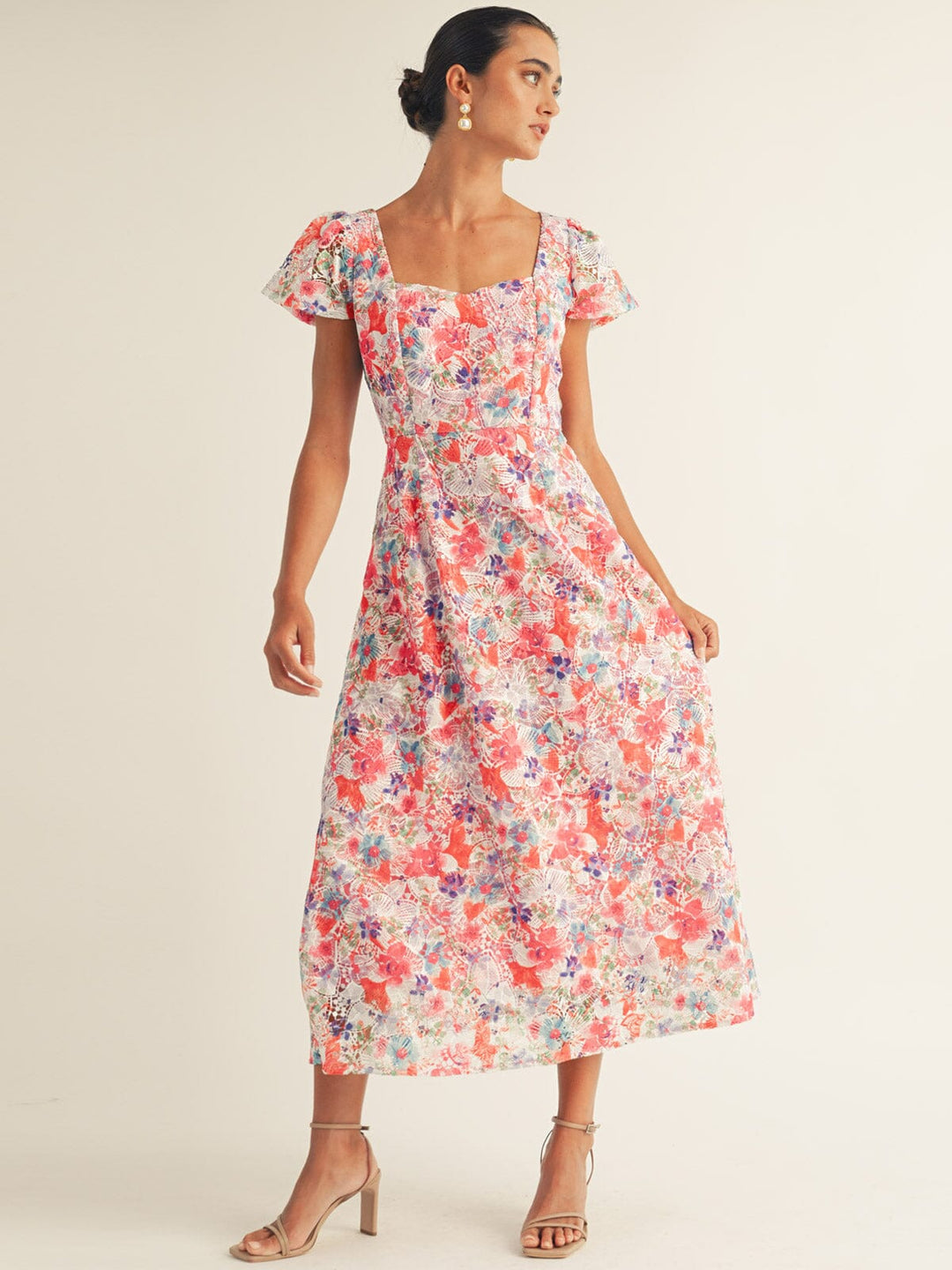 JUST ME WOMEN'S SHORT SLEEVE EYELET FLORAL MAXI DRESS