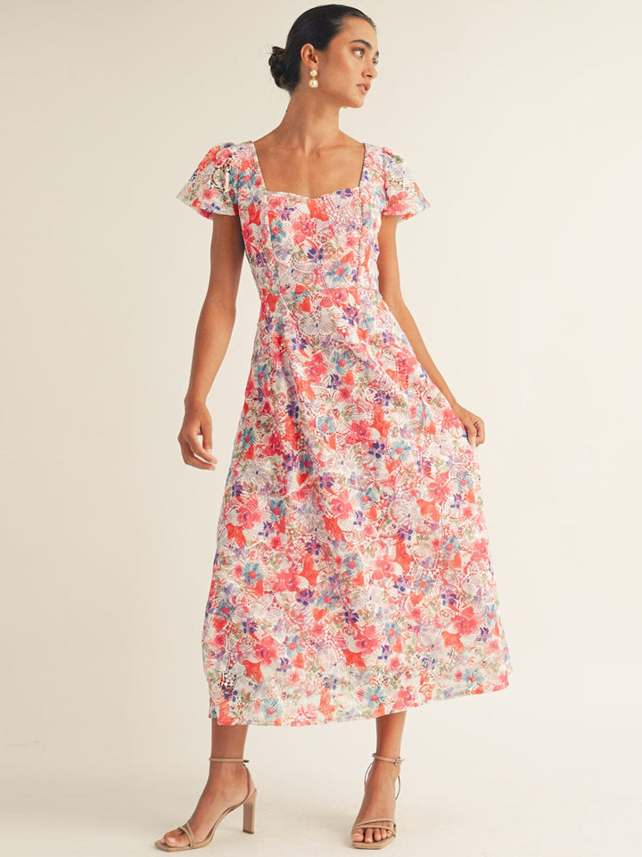 JUST ME WOMEN'S SHORT SLEEVE EYELET FLORAL MAXI DRESS