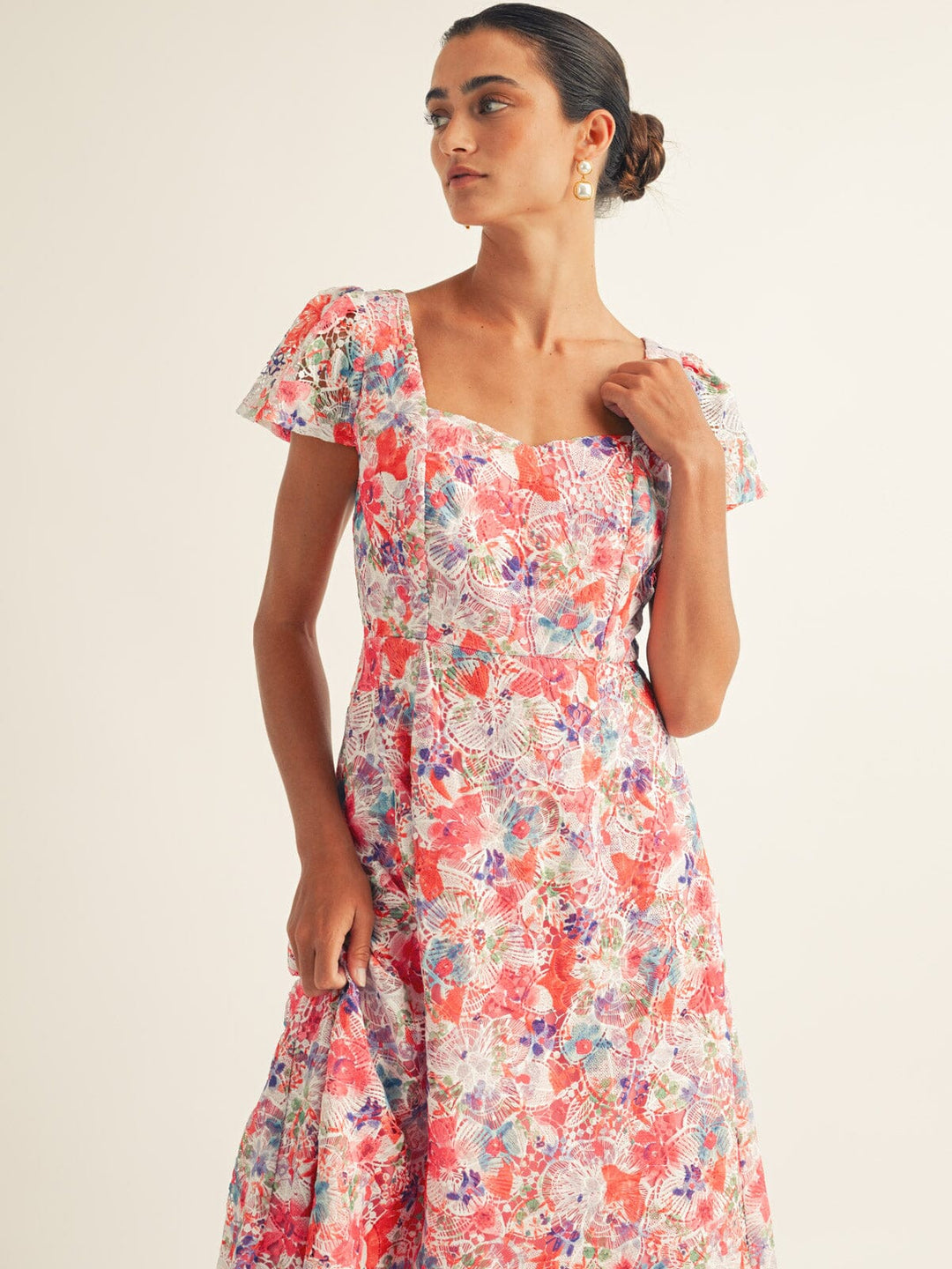 JUST ME WOMEN'S SHORT SLEEVE EYELET FLORAL MAXI DRESS