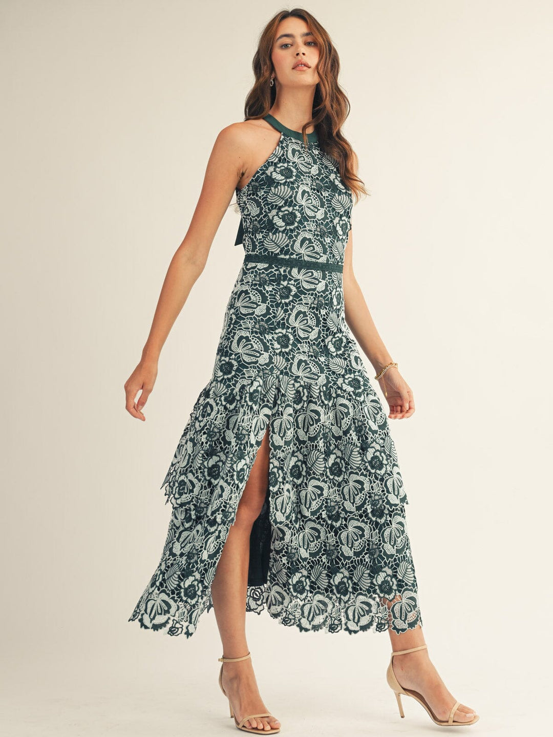JUST ME WOMEN'S SLEEVELESS SIDE SLIT HALTER NECK FLORAL CROCHET MAXI DRESS