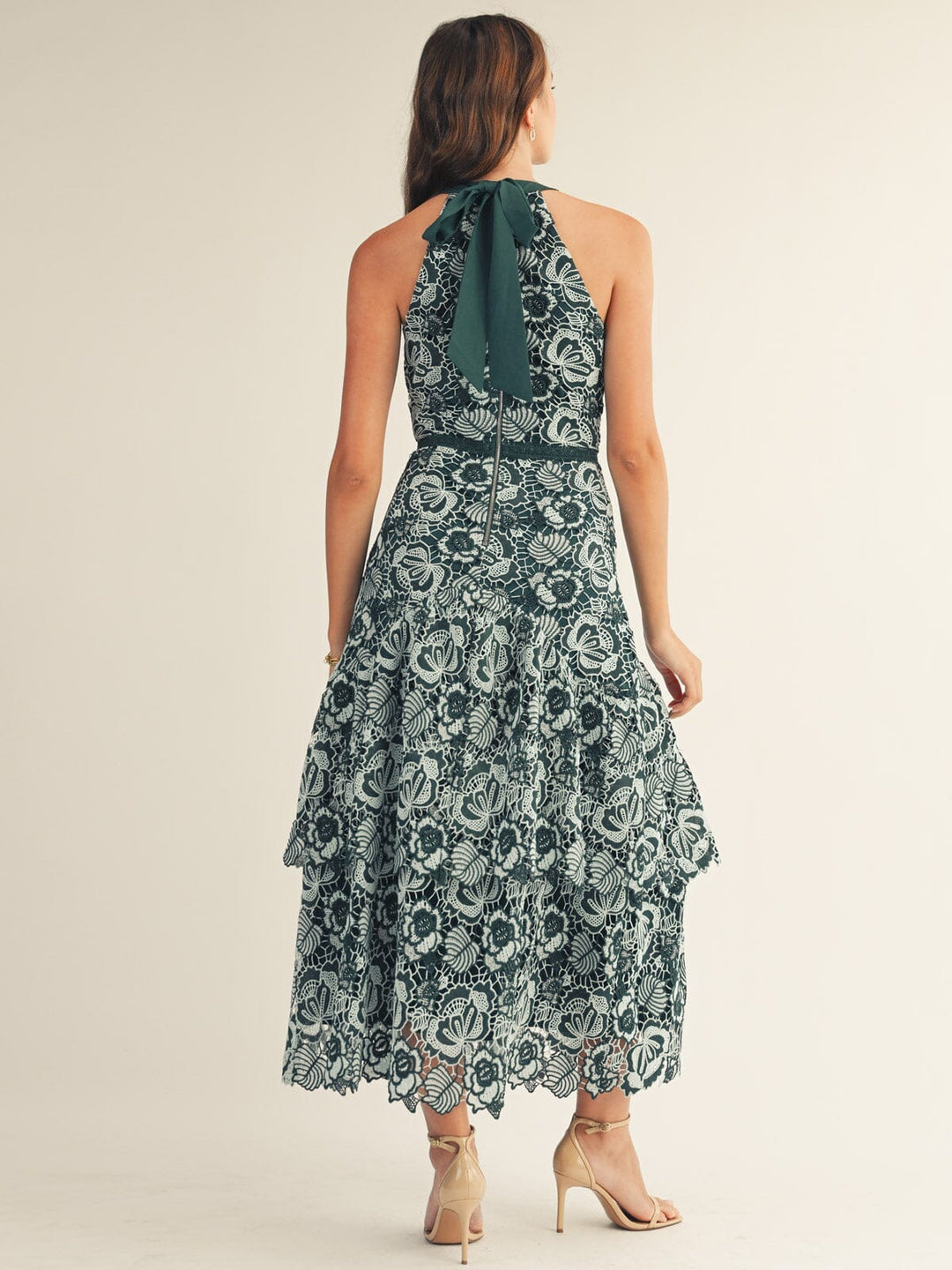 JUST ME WOMEN'S SLEEVELESS SIDE SLIT HALTER NECK FLORAL CROCHET MAXI DRESS