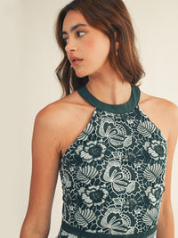 JUST ME WOMEN'S SLEEVELESS SIDE SLIT HALTER NECK FLORAL CROCHET MAXI DRESS