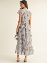 JUST ME WOMEN'S SHORT SLEEVE SURPLICE FRONT BELT FLORAL MAXI DRESS