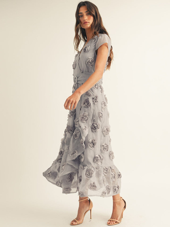 JUST ME WOMEN'S SHORT SLEEVE SURPLICE FRONT BELT FLORAL MAXI DRESS